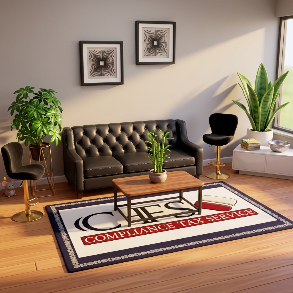 The Compliance Tax Service waiting room in Oak Lawn &mdash; leather seating, a low table and the CTS branded rug.