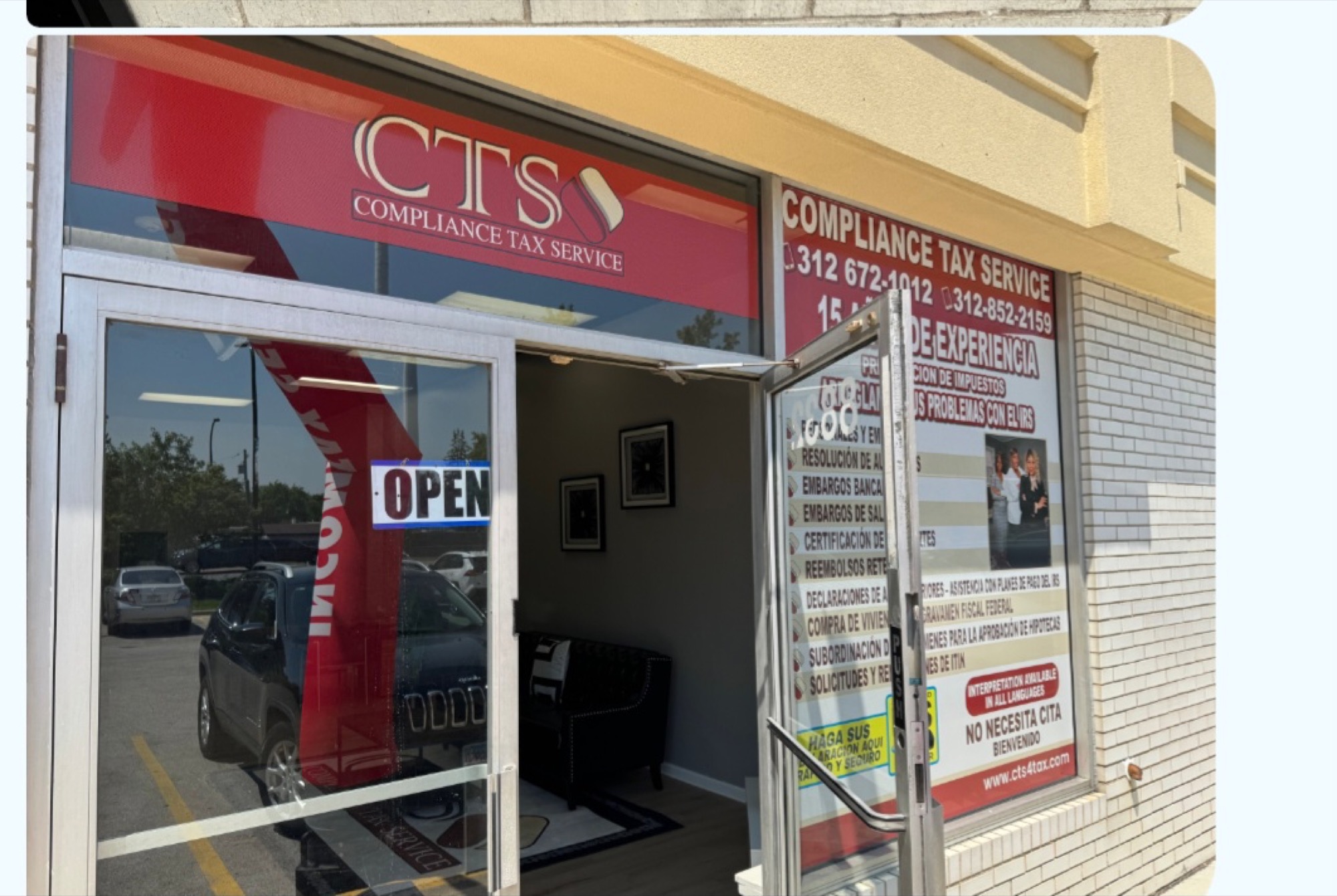The Compliance Tax Service storefront in Oak Lawn, Illinois, with CTS window signage.